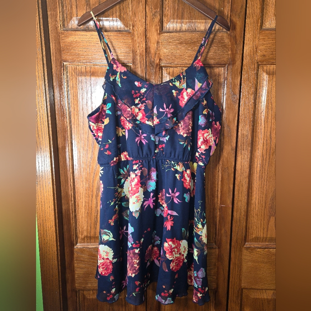 It's Pink Navy Pink Floral Sleeveless Ruffled Neck Cinched Mini Dress sz…